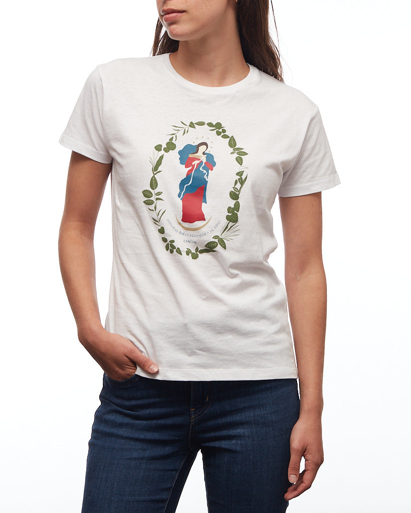 CAMISETA VIRGEN DESATADORA CON FOLLAJE