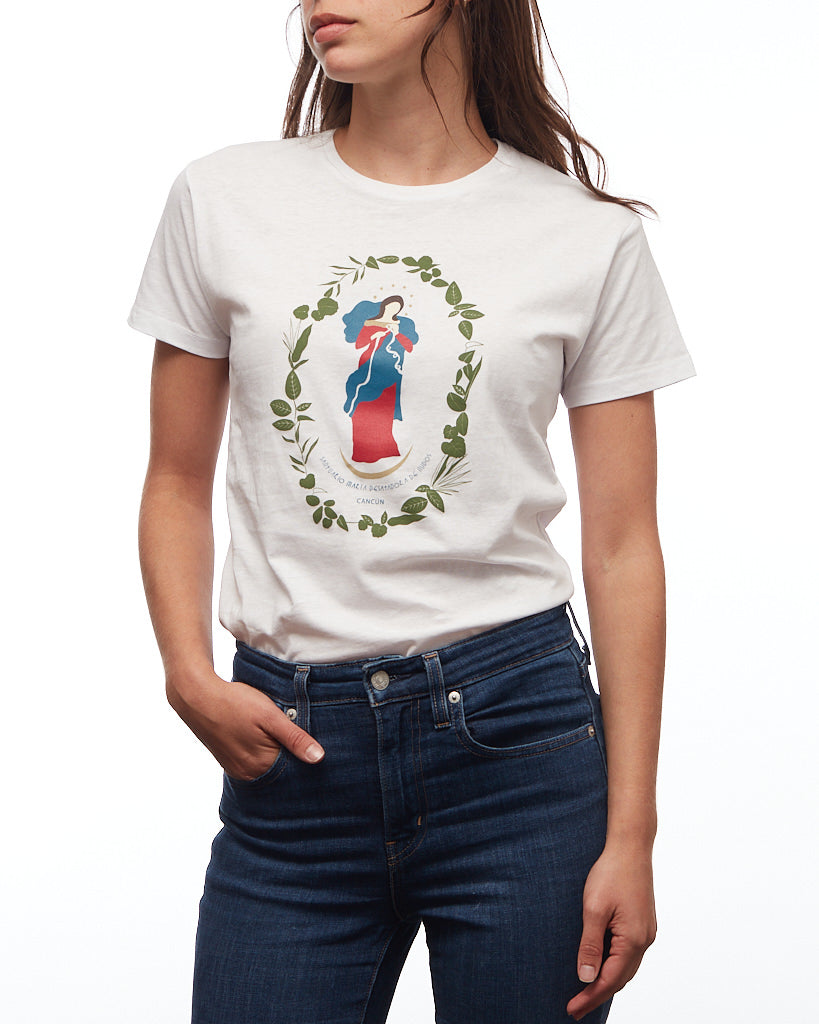 CAMISETA VIRGEN DESATADORA CON FOLLAJE