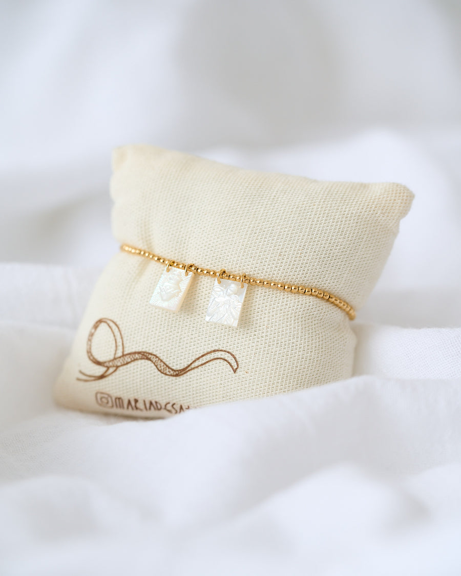 PULSERA ESCAPULARIO MADRE PERLA DESATANUDOS + SAGRADO CORAZÓN